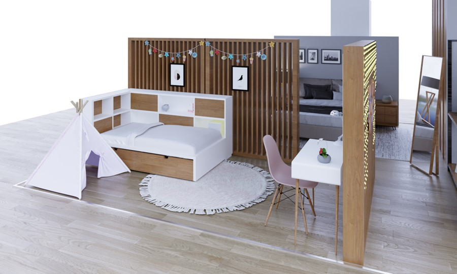 Dormitorio infantil con mobiliario modular y celosía de madera