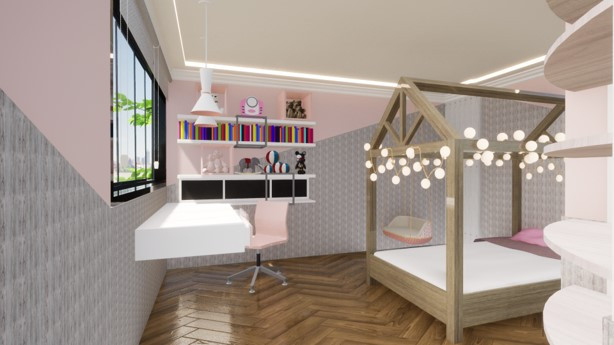Dormitorio infantil con cama casita y escritorio