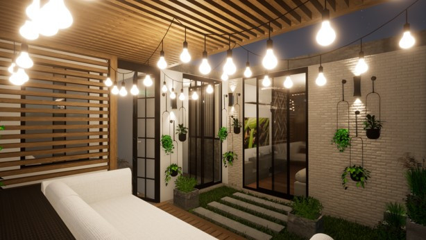 Terraza con jardín, pérgola de madera y luces colgantes