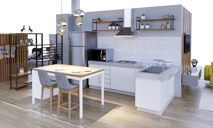 Cocina abierta con barra de madera y repisas