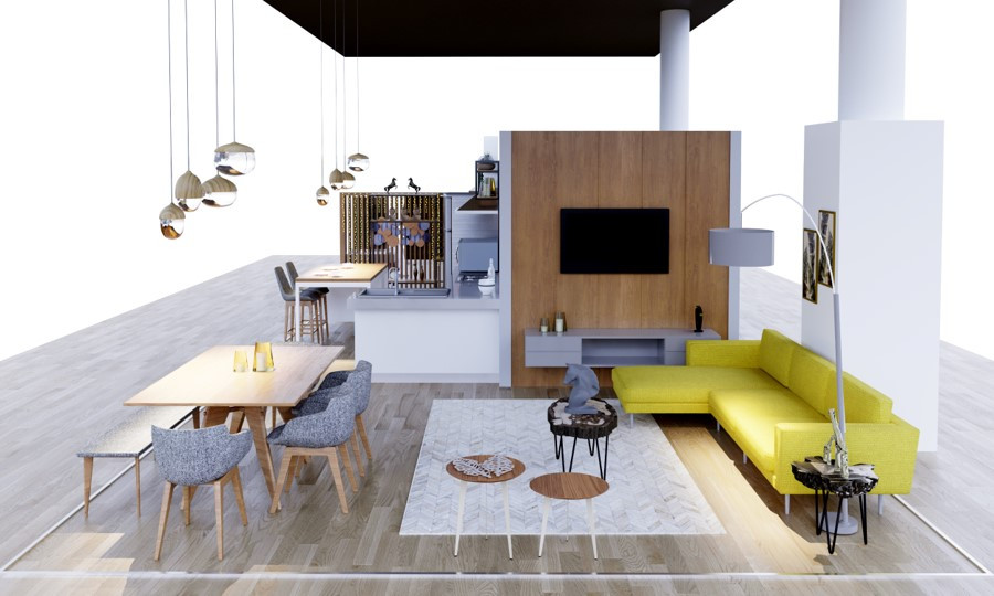 Sala comedor con sofá amarillo y muro de madera